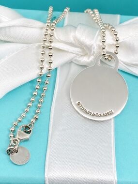 Authentic Tiffany & Co. Sterling Silver Engravable Round Charm Necklace 18”